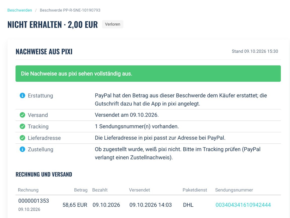 Detailseite einer PayPal-Beschwerde mit Versand, Sendungsnummer, Lieferadresse und Gutschrift aus pixi