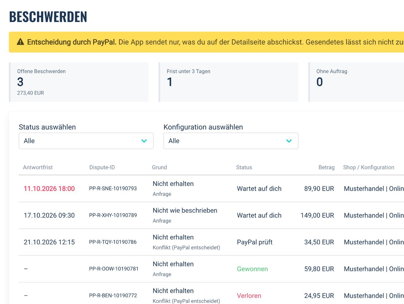 Übersicht der PayPal-Beschwerden in der iungo PayPal App mit Antwortfrist, Status, Betrag und pixi-Bestellung